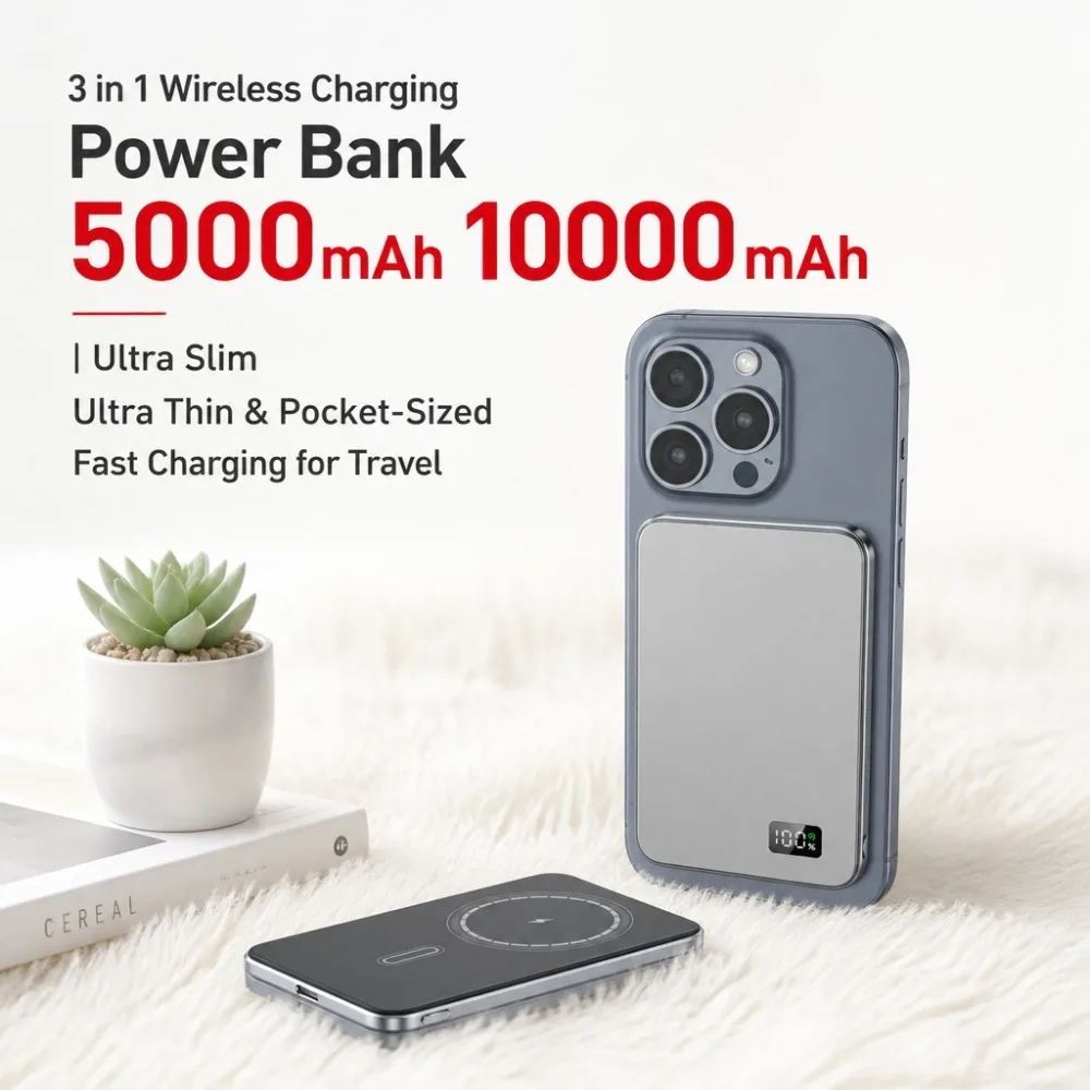 3 in 1 Wireless Charging Station, Magnetic Power Bank 5000mAh, Ultra Slim Battery Pack for Watch & Earbuds, USB C Fast Charger