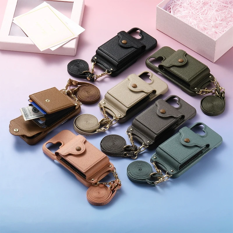 Built-In Mirror Magnetic Wallet Card Case For iPhone 16 15 Pro Max 14 13 Mini 12 Pro 11 7 8 Plus XR Xs Max SE Adjustable Lanyard