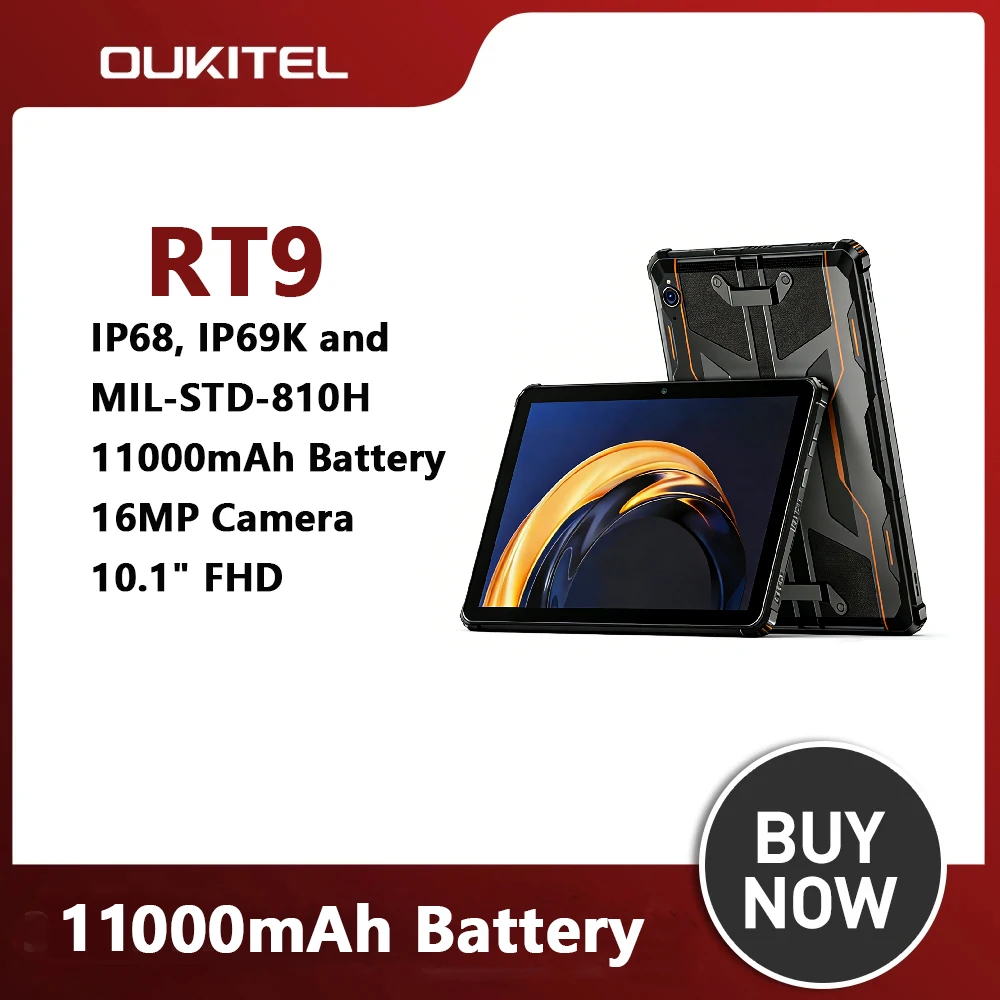 Oukitel RT9 10.1 Inch HD 4G Rugged Tablet Display 24GB RAM 256GB Waterproof Smart Pad 11000mAh Battery Android 14.0 Tablets PC