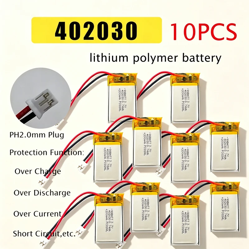 10pcs 402030 Lipo Battery 3.7v 200mah Lithium Polymer Batteries for For Smart Bracelet Smart Toy Beauty Instrument GPS Tablet PC