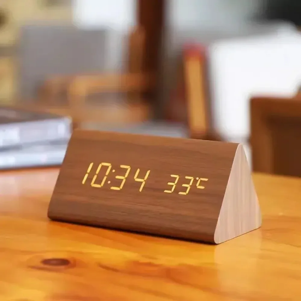Digital Clock Wooden Sound Control LED Alarm Clock with Temperature USB Desktop Clocks Home Table Decor