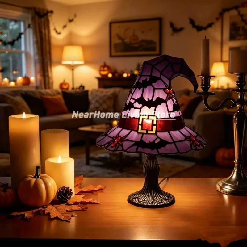 18x11.5x11.5cm Gothic Witch Hat Night Light USB Powered Resin Stained Home Halloween Party Table Lamp Desktop Ornament Decor