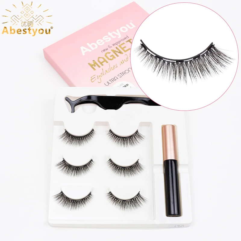 Abestyou 14mm 3d 3pairs Natural Style 5 Magnet Magnetic False Eyelashes Pinzas Pinzette With Waterproof Eyeliner Makeup Tools