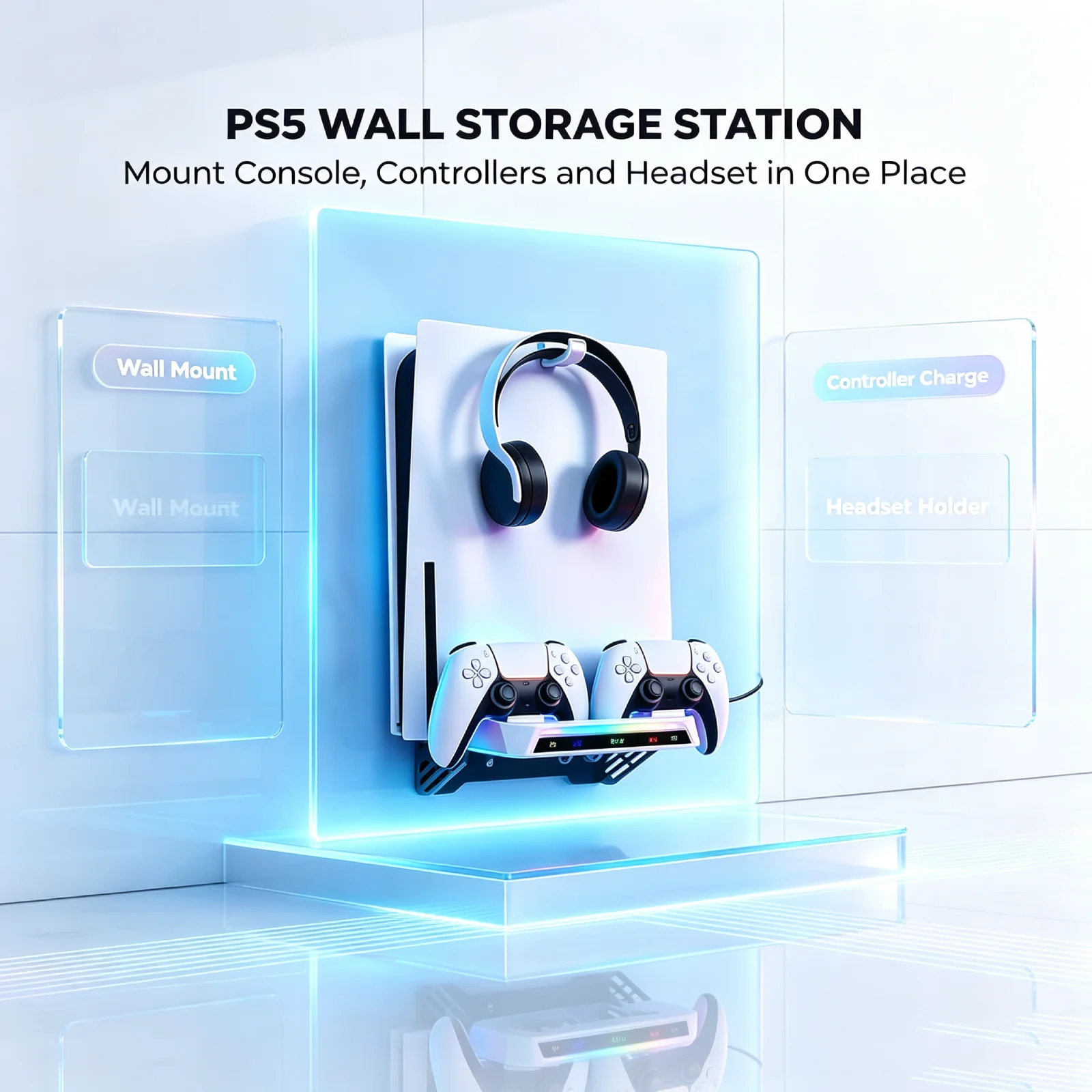 Wall Mount for PS5/PS5 Slim/PS5 Pro Dual Controller Charging Station RGB Light Headset Holder Gaming Accessories