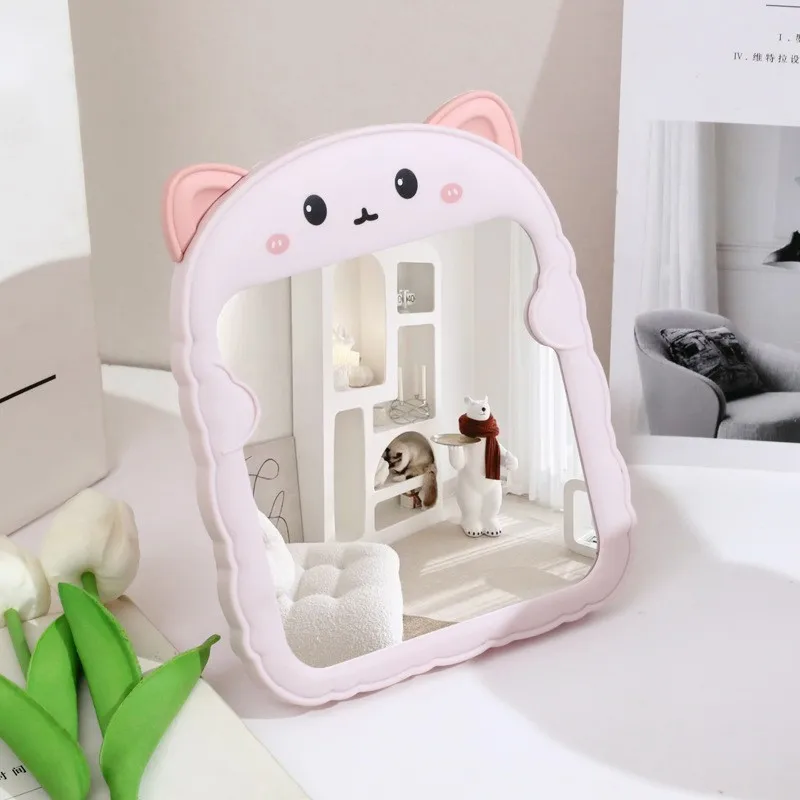 Foldable Plastic Cat Ear Bear Ear Vanity Mirror, Cute Tabletop Makeup Mirror for Student Dorm Office Desk, Thickened Single Side
