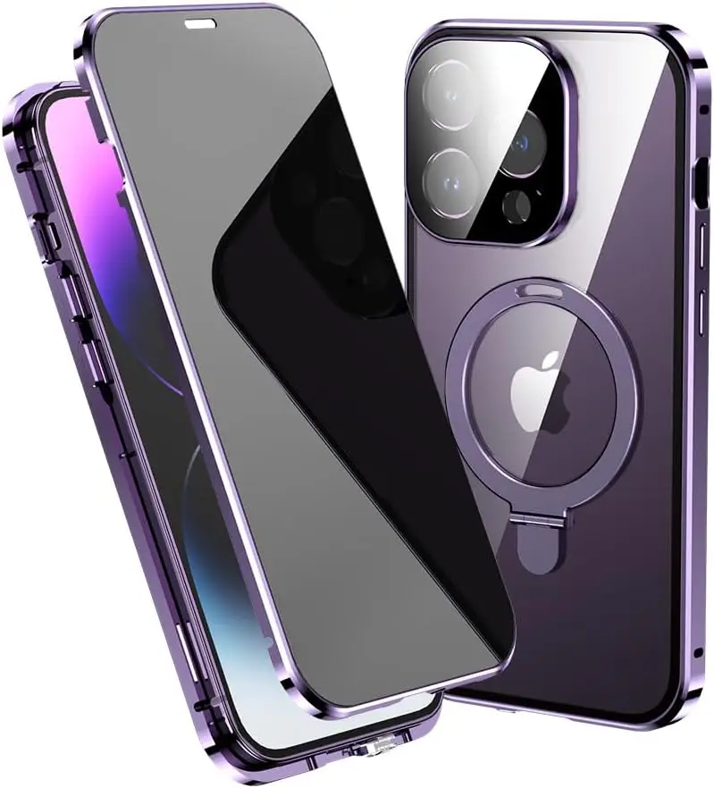 For iPhone 16 15 14 13 Pro Max Anti-Peeping Privacy Screen Metal Bumper Magnetic Case Full Body Protection Cover Magsafe Ring