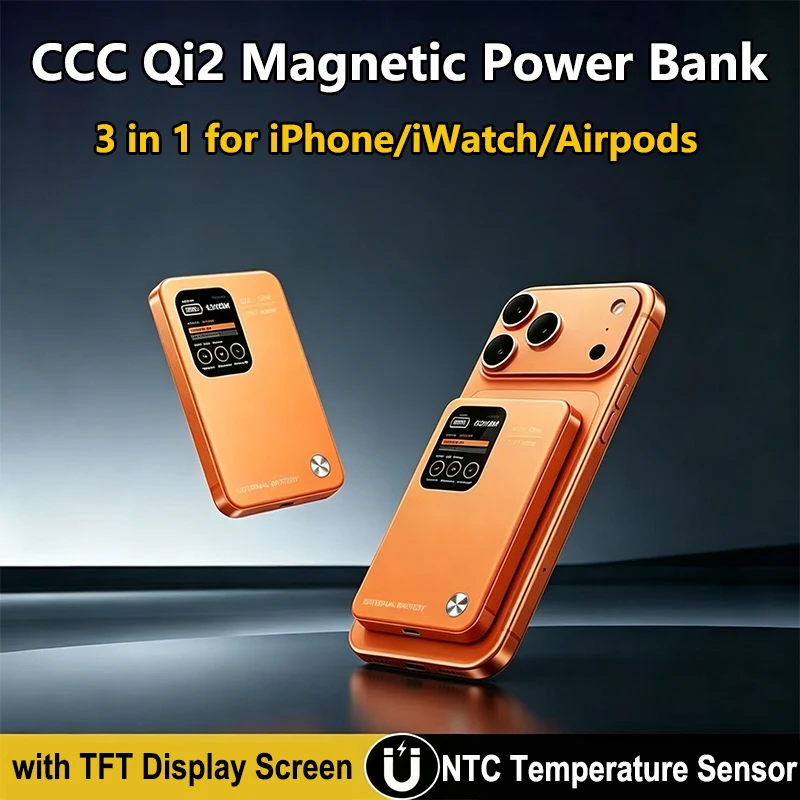 CCC Qi2 15W Magnetic Power Bank With NTC Thermistor TFT Screen Powerbank for Magsafe Wireless Fast Charging for iPhone 17 iWatch