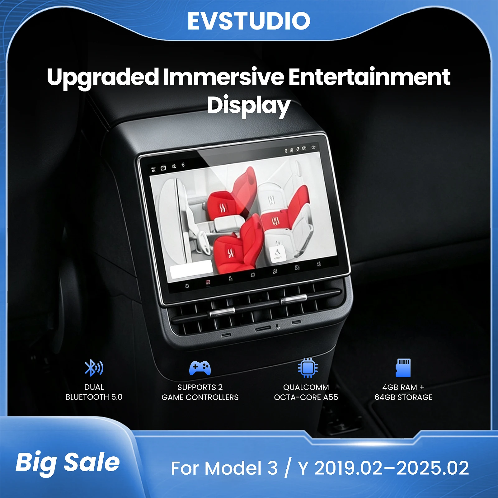 Newest 8.66inch Rear Entertainment Display Screen for Tesla Model 3 / Y Android 13 Qualcomm 4GB+64GB Dual Bluetooth Gaming WiFi