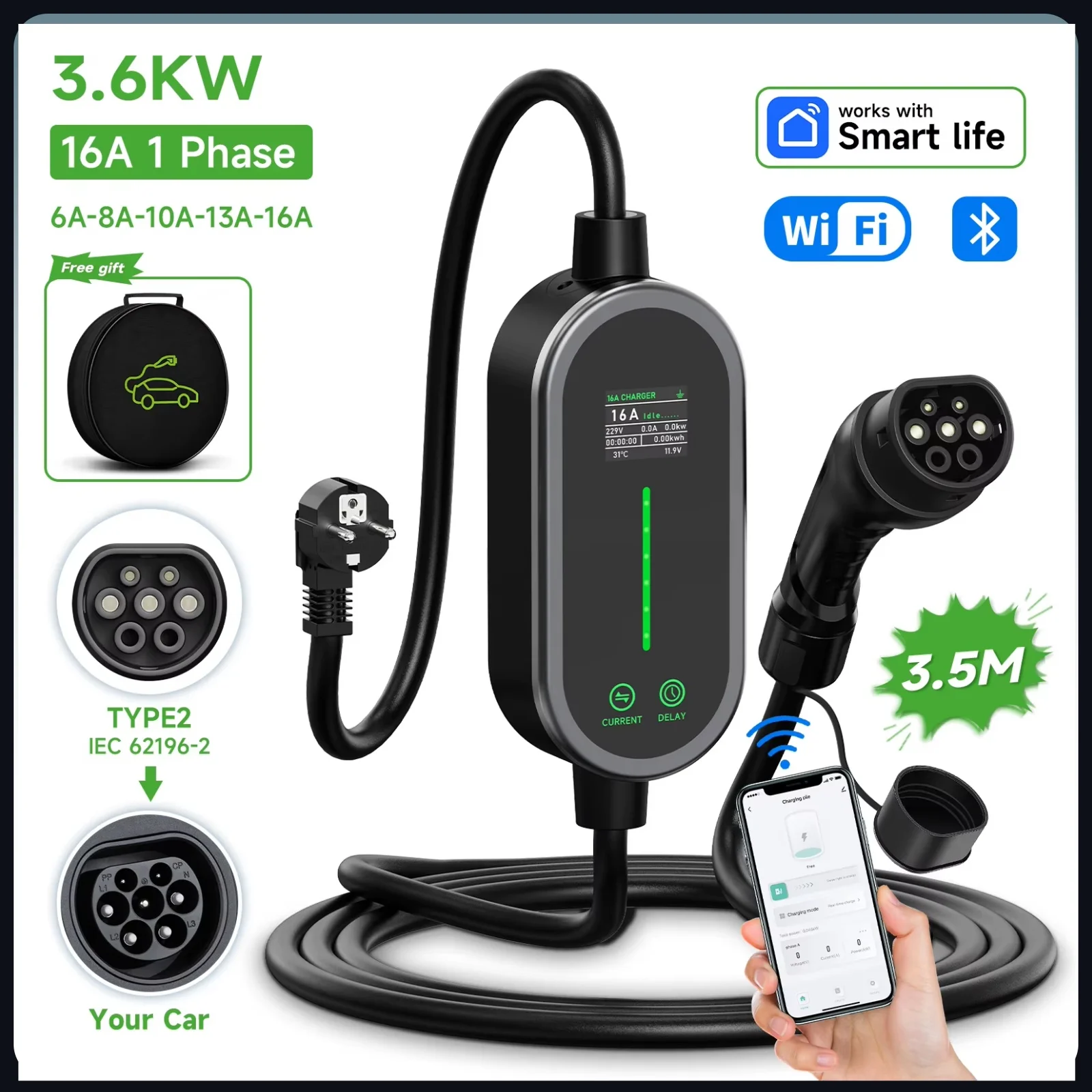 AFEEV 16A 3.6KW Portable Charger Type 1/Type2 Electric Car Charger EVSE Charging Cable Wallbox APP Bluetooth EU Plug