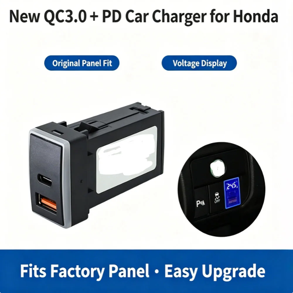 New Car Charger for  Honda Models PD QC3.0 Dual Port Fast Charger Built-in Digital Display Monitoring Vehicle Battery Voltage