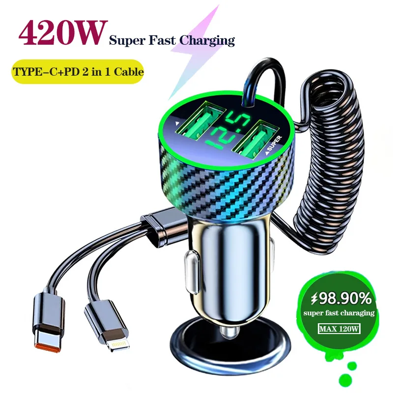 420W USB Car Phone Charger Adapter with Retractable Cable LED Voltage Monitor 2/3/4 in 1 Car Cigarette Lighter Super Fast Charge