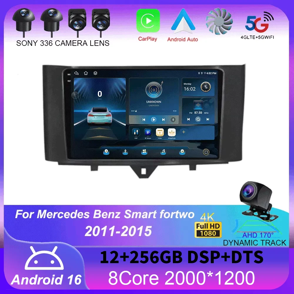 Android 16 Carplay Car Radio For Mercedes Benz Smart fortwo 2011 - 2015 Navigation Multimedia GPS Player Stereo WiFi 360 Camera
