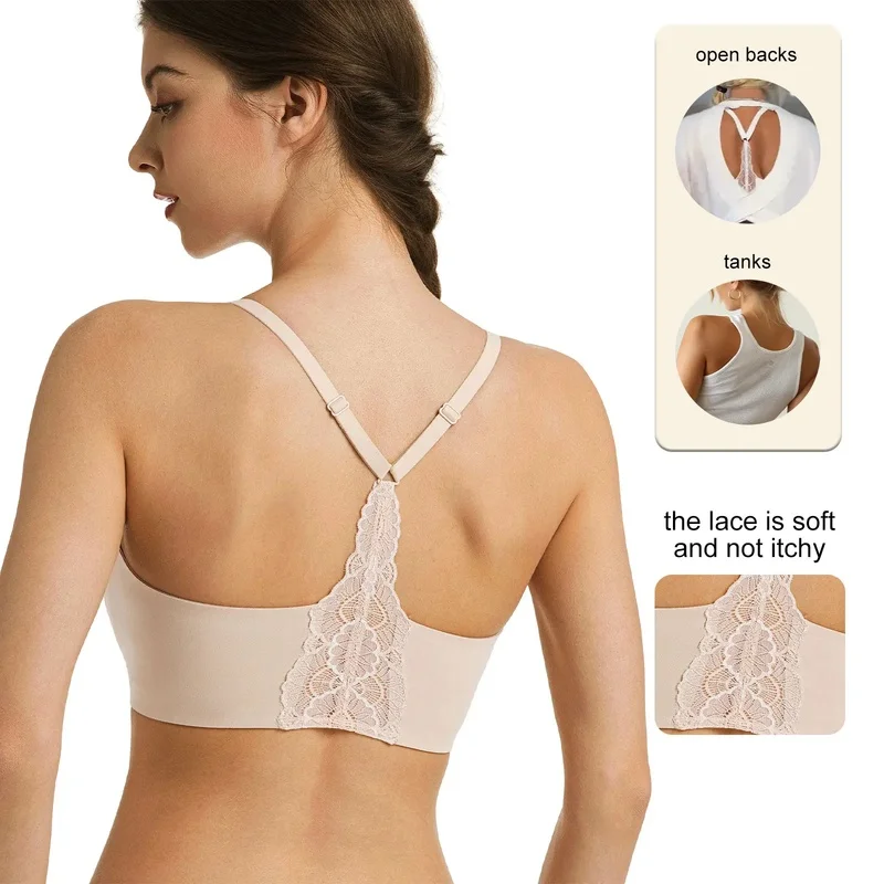 Lusait Lace Jelly Bralettes Women Pullover Seamless Wireless Deep V Racerback Comt Padded Everyday Tshirt Bra backtosch