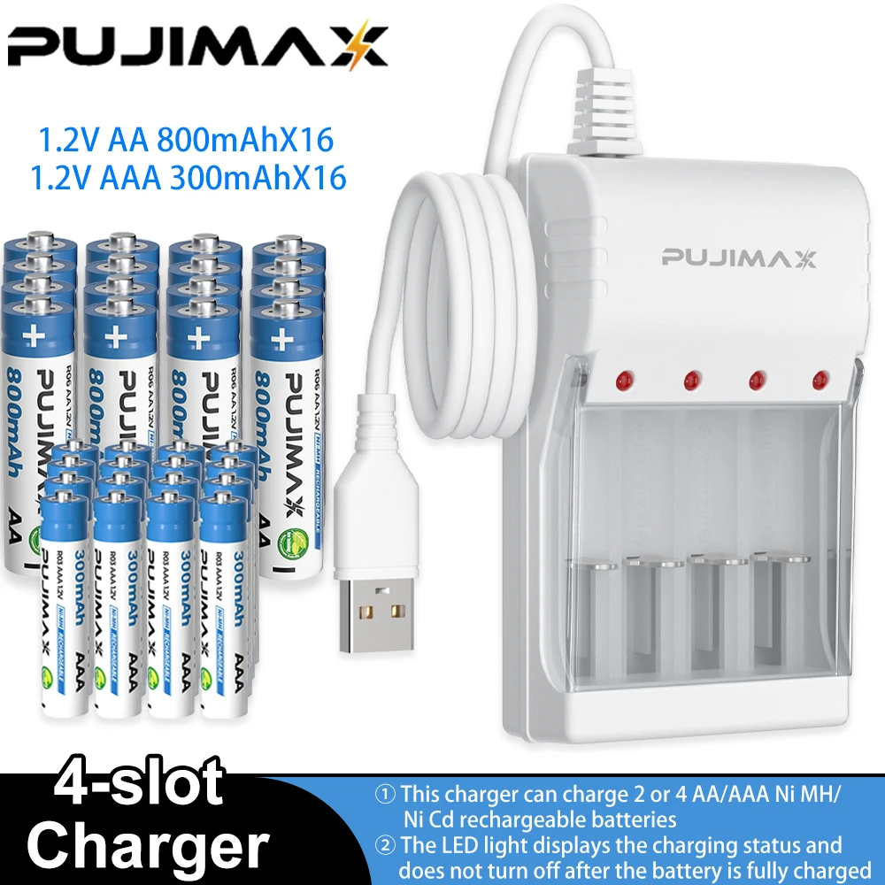 PUJIMAX Rechargeable Battery 1.2V AA 800mAh+AAA 300mAh NI-MH Battery+Charger for Computer Clock Radio Video Game Camera AA AAA