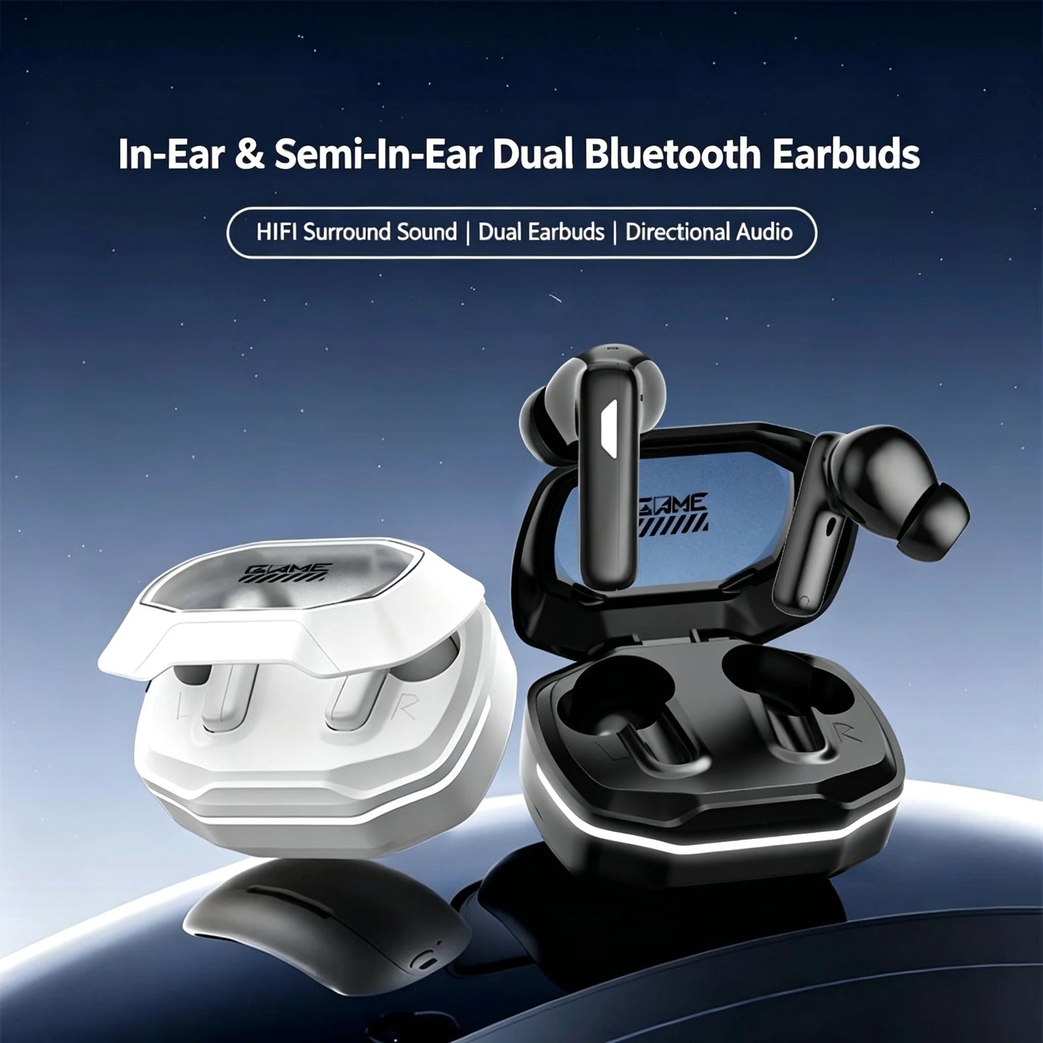 Double In Ear Wireless Bluetooth 6.0 HiFi Gaming Headphones Space Capsule Deep Noise Cancellation Low Latency Long Battery Life