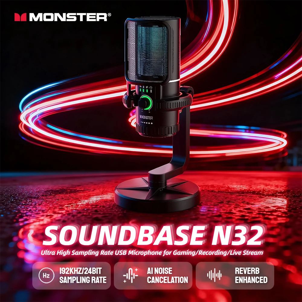 Monster Soundbase N32 Gaming USB Microphone 192KHz/24Bit Cardioid Condenser Mic for PC Youtube Gaming Live Streaming Podcasting