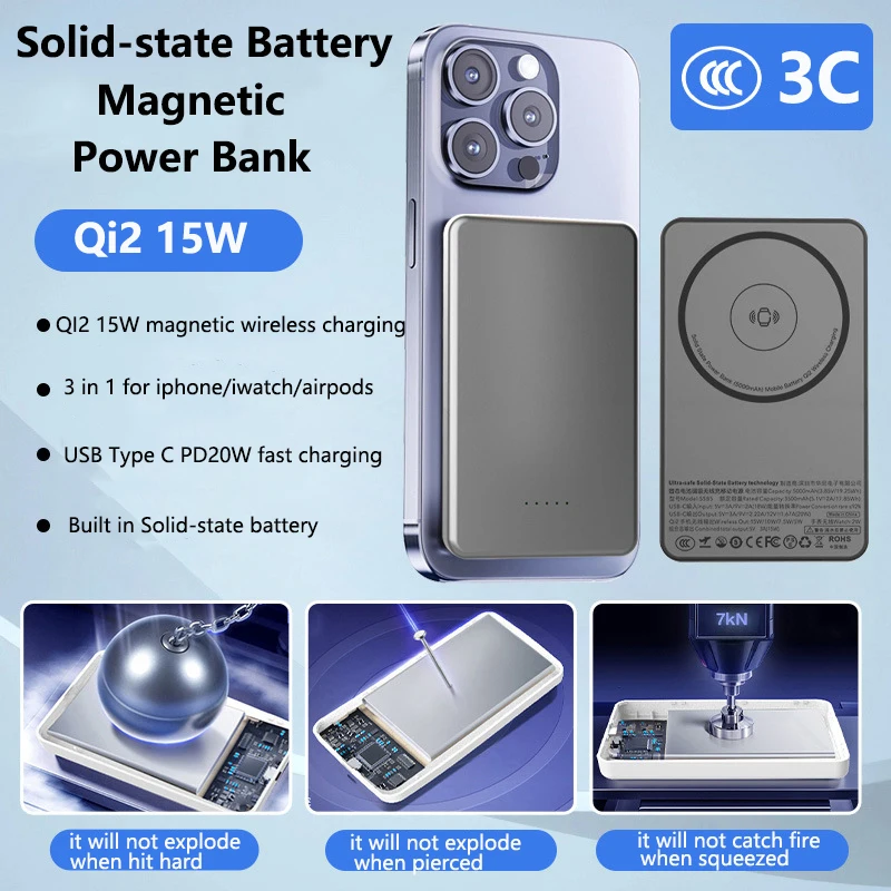 CCC Semi-solid State Battery Power Bank Qi2 15W Magnetic Wireless Fast Charger Powerbank for Magsafe for iPhone iWatch Airpods
