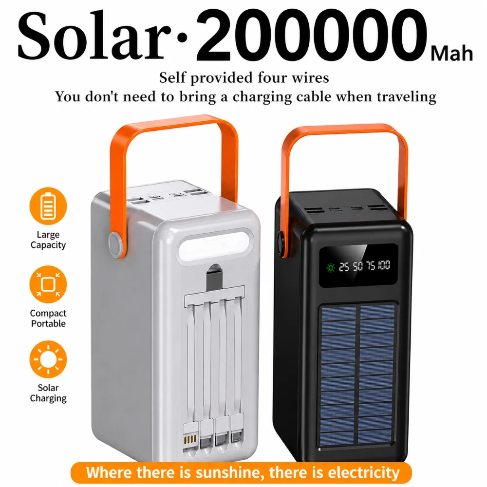 Solar Power Bank 200000mAh 120w Super Fast Charging with Four Wire External Battery Pack with Flashlight for Outdoors