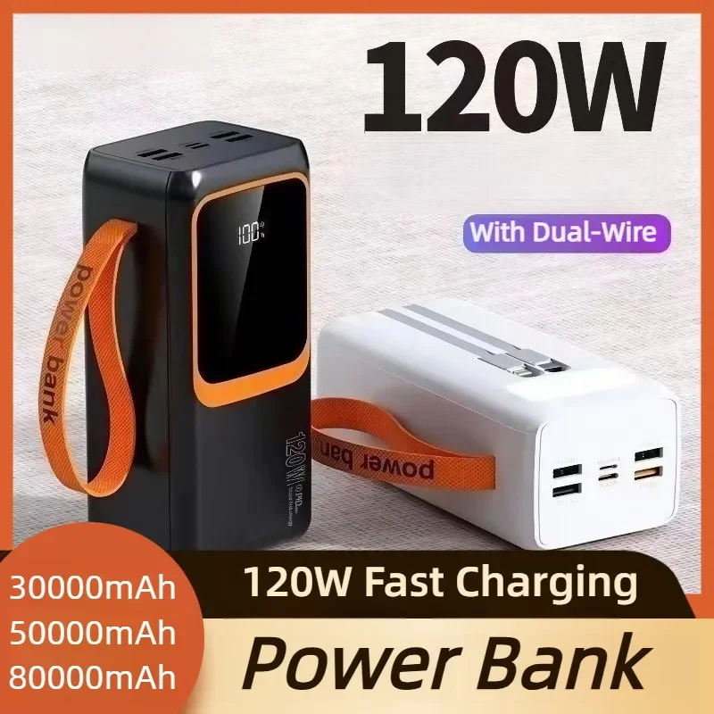 50000mAh 120W Fast Charging Power Bank Built-in Cables Portable Charger High-Capacity for Outdoor Camping Power Supply for