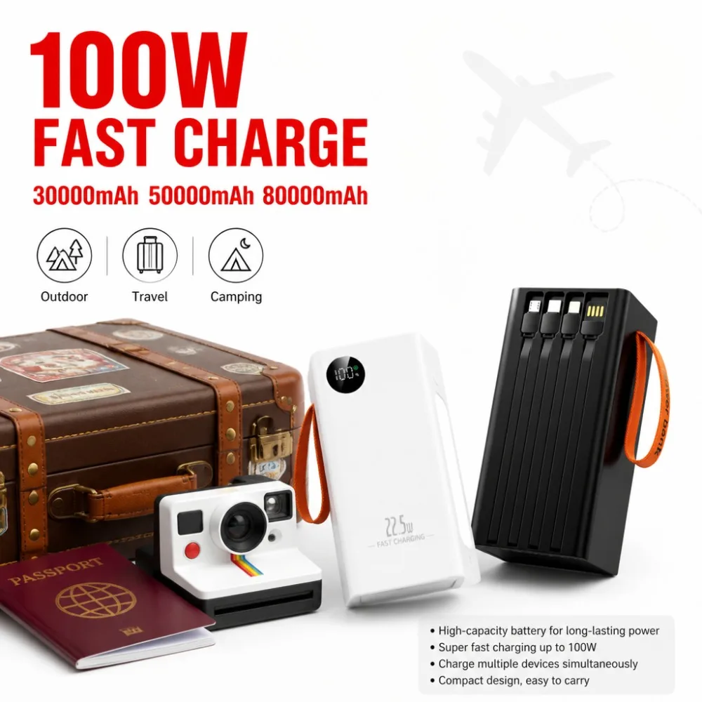 100W 80000mAh Power Bank, 4-Cable Outdoor Battery Pack, USB-C PD Fast Charger for Laptop/Phone Travel Camping PowerBank