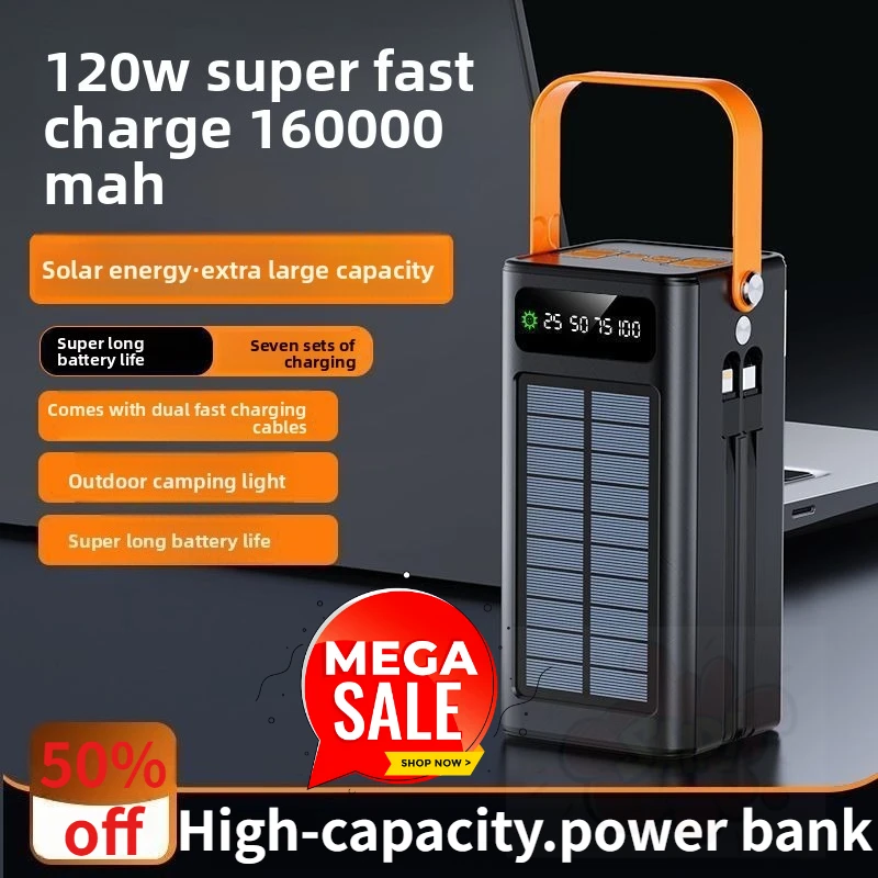 Power Bank 160000mAh Huge Capacity Solar 120W Fast Charging Outdoor Emergency External Battery for IPhone Samsung Xiaomi