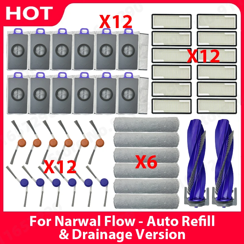 For (Narwal Flow - Auto Refill & Drainage Version) Spare Parts Main Side Brush HEPA Filter Mop Cloth Dust Bag Accessories