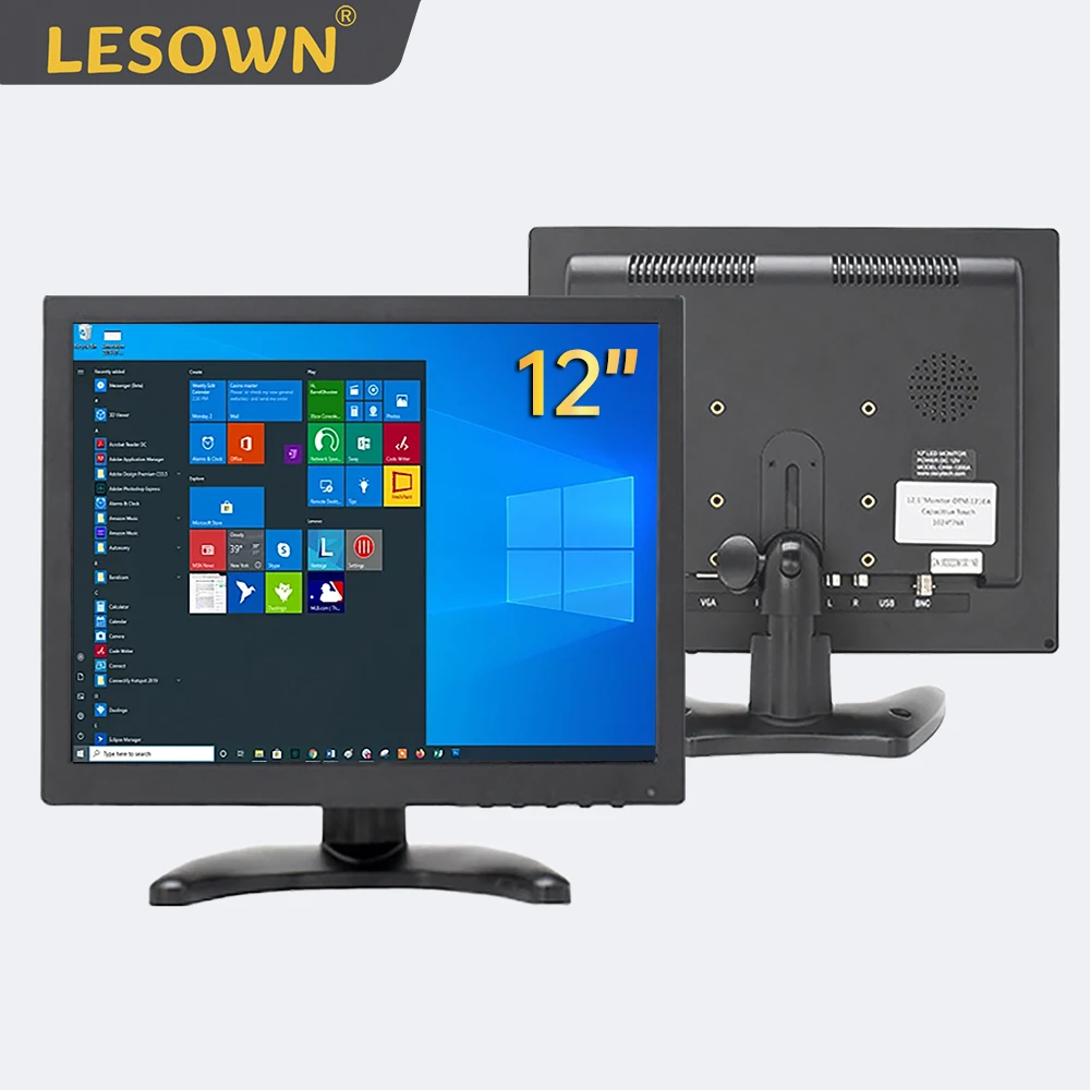 LESOWN Small Industrial Display 12 inch 1024x768 IPS LCD Mini HD Screen 4:3 Display with AV HDMI BNC VGA Input Built-in Speaker