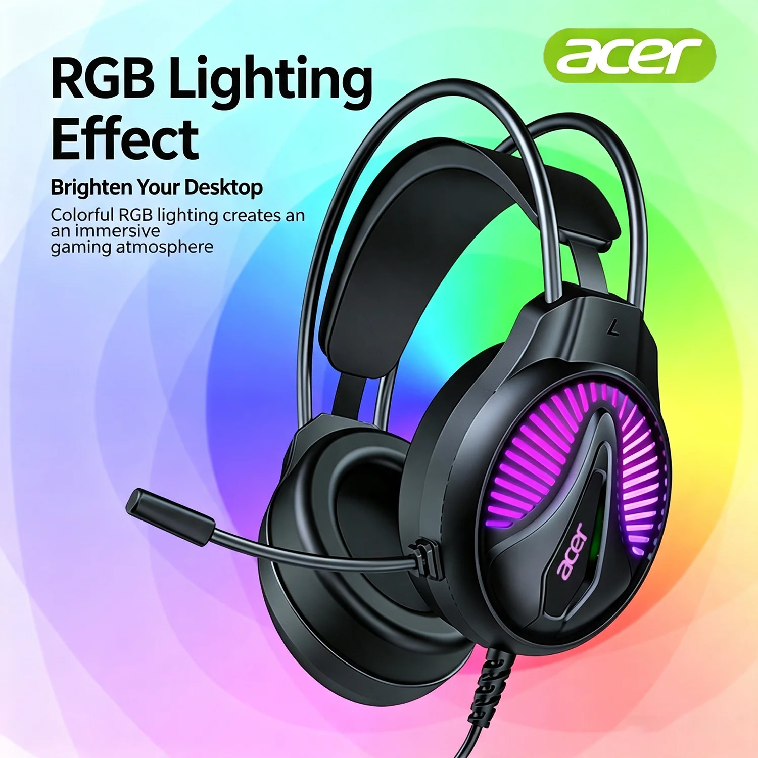 RGB Lighting Gaming Headset Acer OHW 201 USB Wired Over‑Ear Lightweight Clear Sound Performance Microphone Comfortable forGaming
