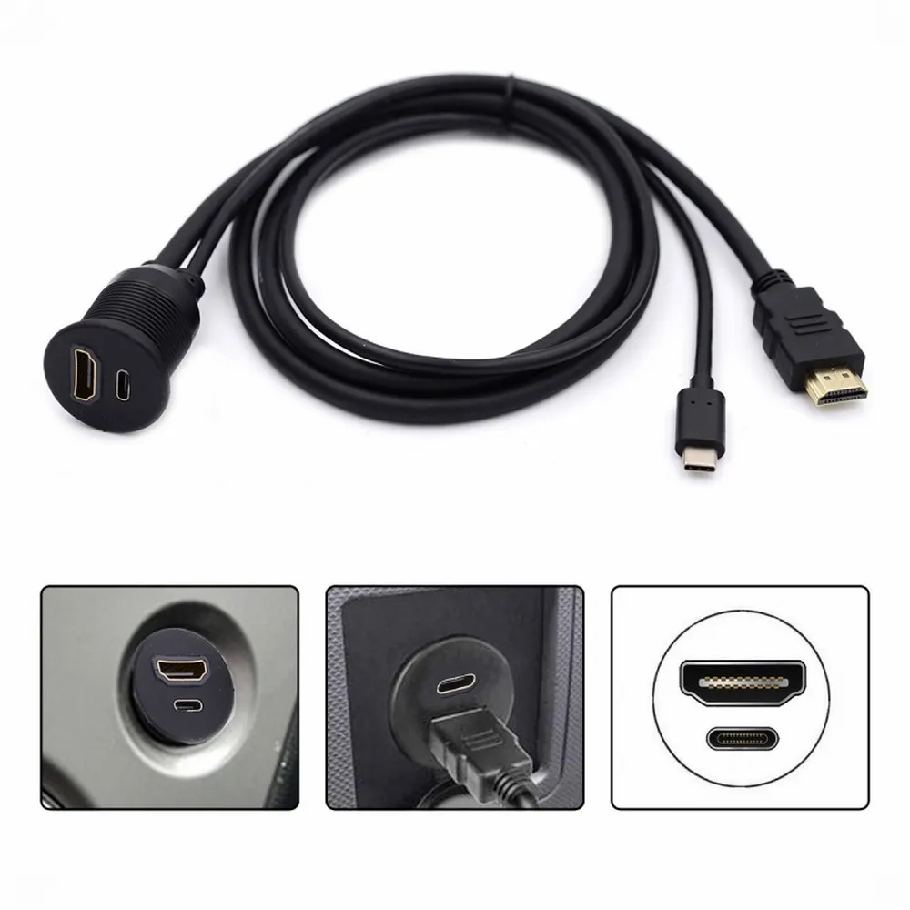 USB-C Type-C USB 3.1 &HDMI 4K Waterproof Dustproof   Extension Flush Car Latch Mount Extension Cable for Dashboard Panel
