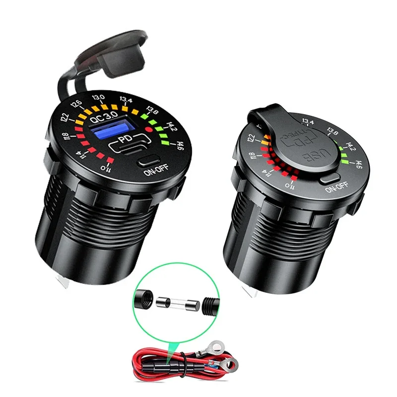 QC3.0 36W Dual USB Charger 12V Waterproof USB PD Outlet Fast Charger With ON OFF Power Switch for Car Boat Motorcycle Truck SUV