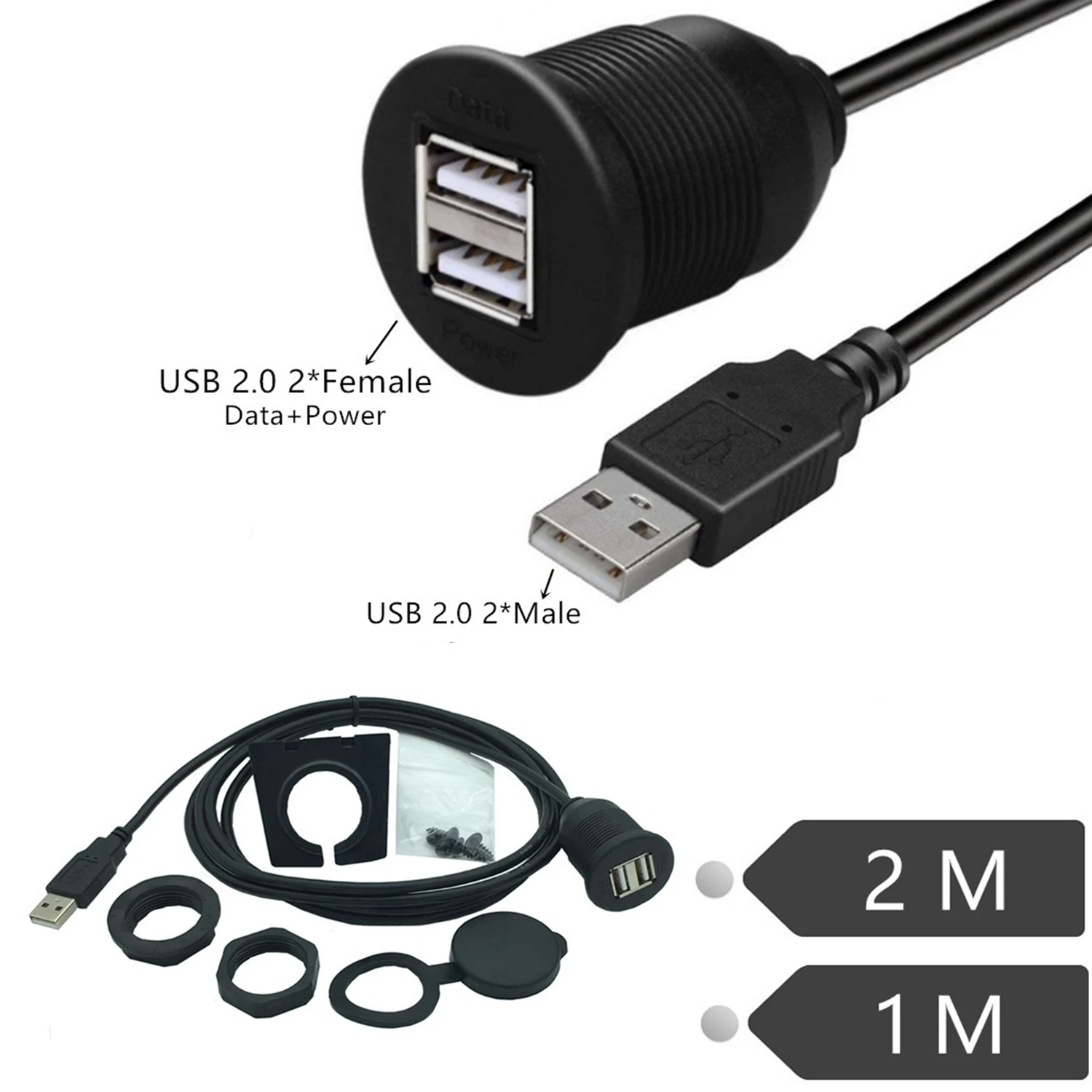 Dual Port USB Waterproof Cable Car Instrument Panel Audio Extension Cable USB For Car 1 Male 2 Female