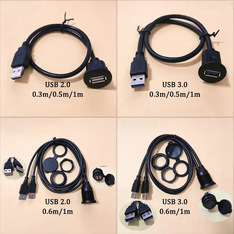1PC USB 2.0 3.0 Panel Mount Waterproof Extension Cable Single/Dual Port Flush Mount Cord for Car Dashboard Motorcycle Boat