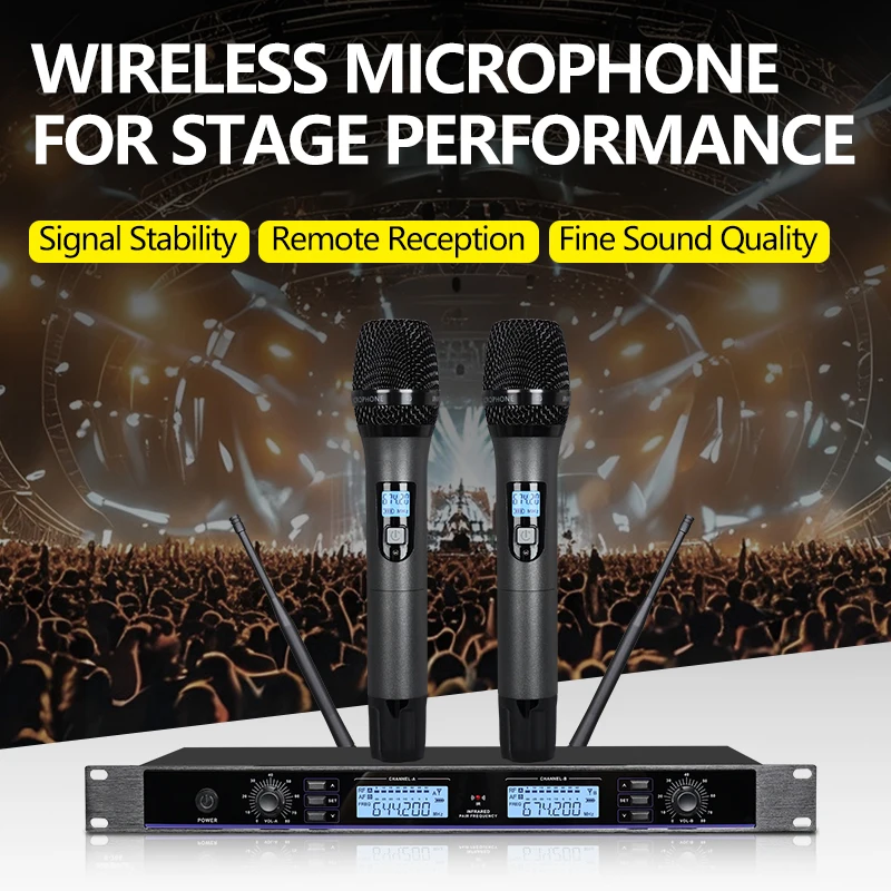 Professional wireless microphone UHF 2 channels metal handheld home karaoke singing performance microphone