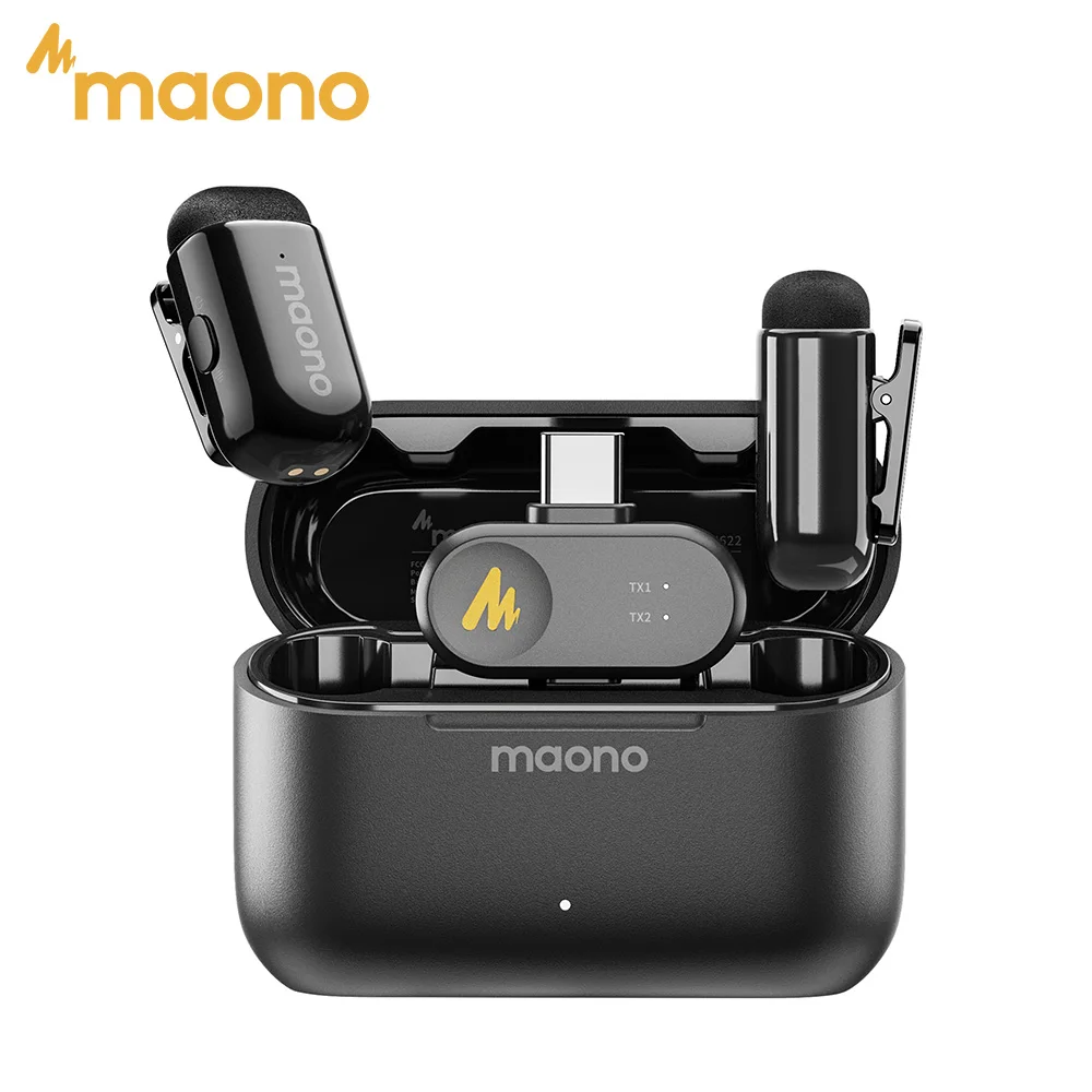 MAONO T1 Mini Wireless Lavalier Microphone Lapel Mic with Noise Cancellation Auto Clipping App Control for Audio Video Recording