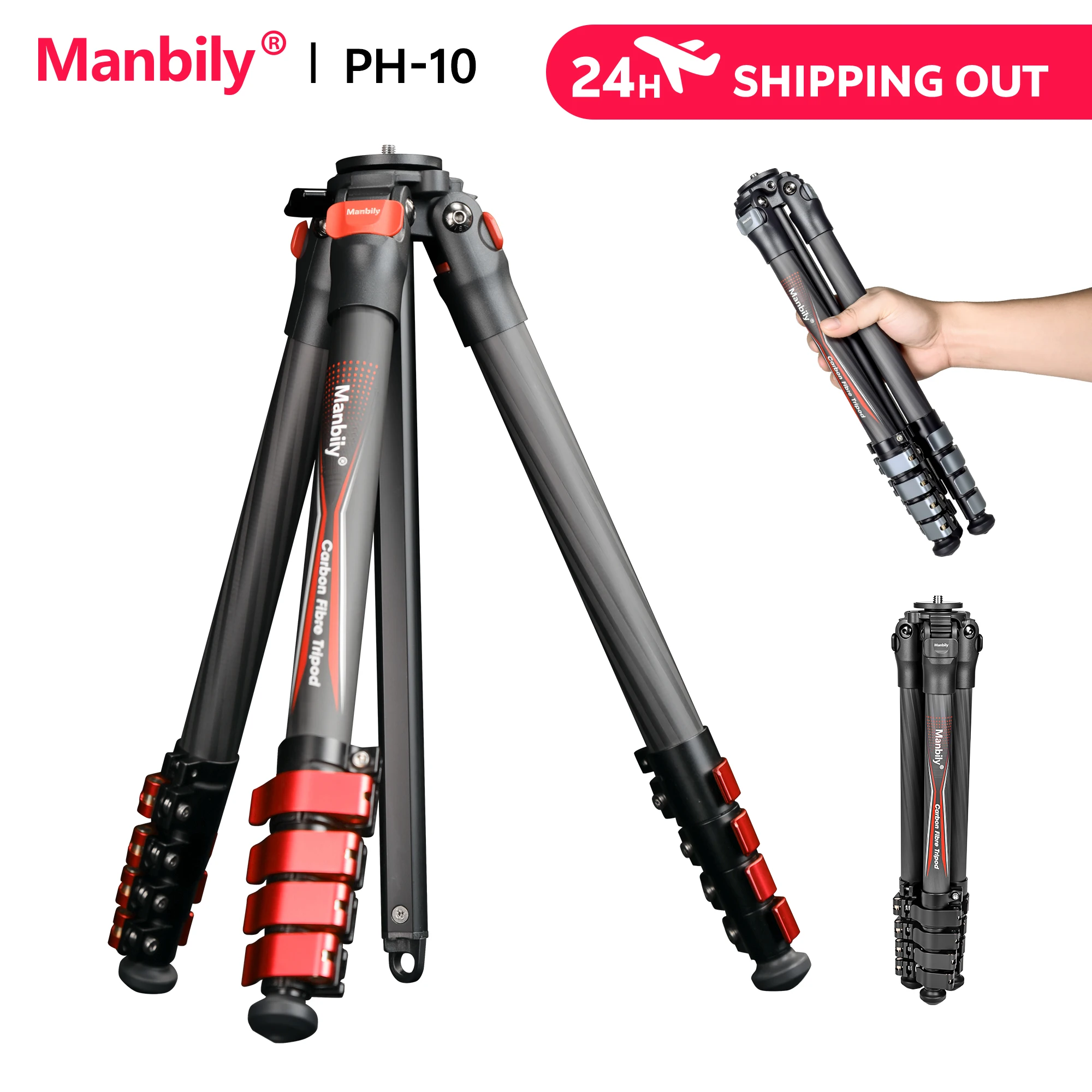 Manbily PH-10 25mm Tube Carbon Fiber Tripods 5-sections Portable Lightweight Professional Travel Tripod Without Ballhead