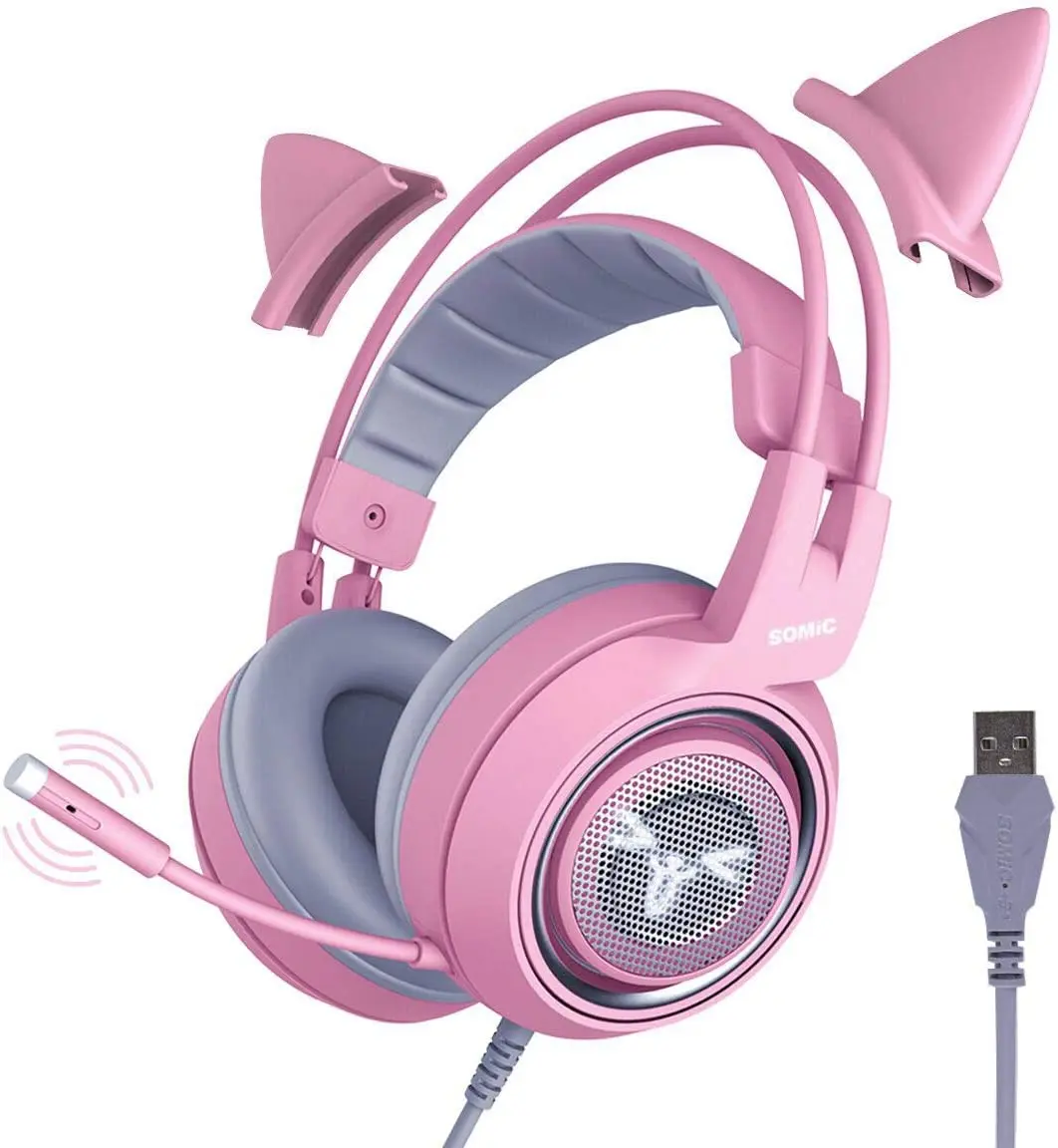 SOMIC G951pink Gaming Headset Cat Ear Headphone USB Gaming Headphones With LED  Light, 7.1 Virtual Surround Sound