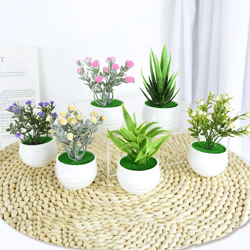 Artificial Aloes Bonsais Mini Simulated Tree Pot Home Office Tabletop Potted Plants Decoration Fake Gladiolus Babysbreath Flower