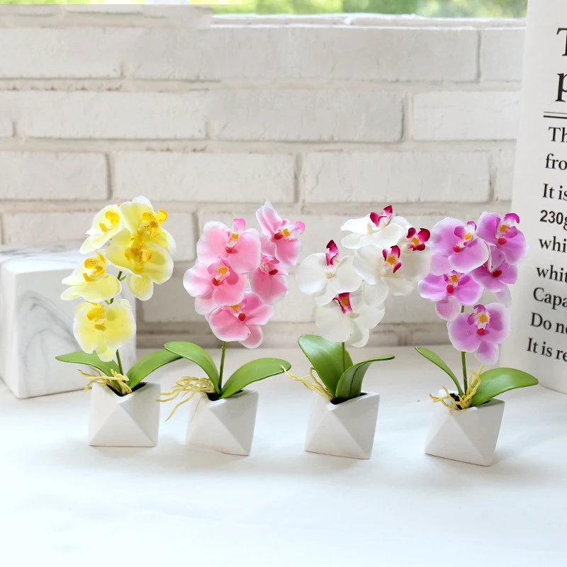 Artificial Phalaenopsis in Pot Mini Orchid Bonsai Fake Plants Potted Realistic Faux Flowers Orchid Floral for Home Office Decor