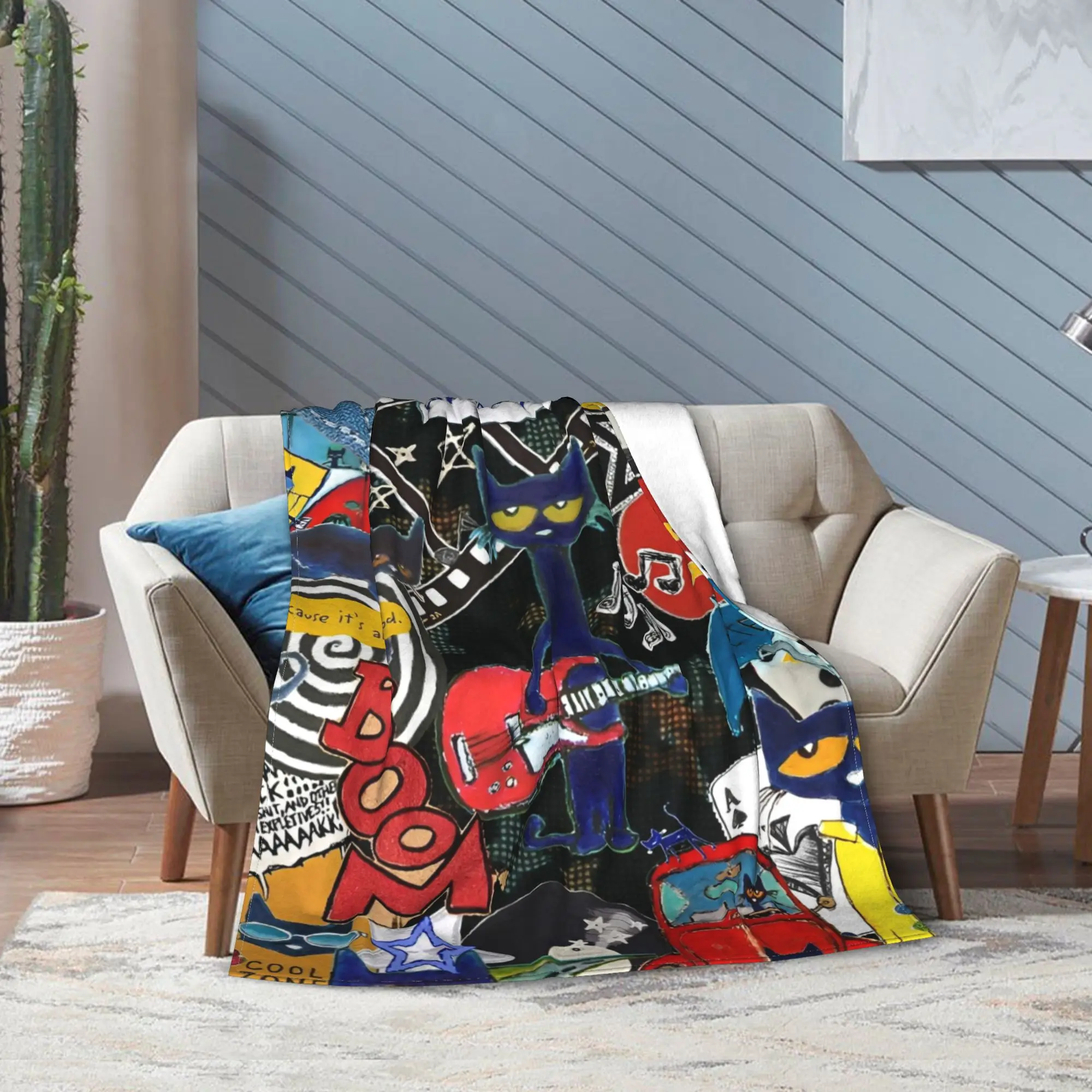 Pete Cat I Love My White Shoes Throw Blanket for Couch Cartoon Cats Soft Cozy Plush Blanket 50x60 Inch Bedspread for All Seasons