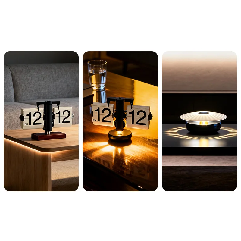 Auto Flip Night Light Clock - Multifunctional Desk Decor with Warm LED, Battery Powered for Modern Bedroom, Living Room & Office