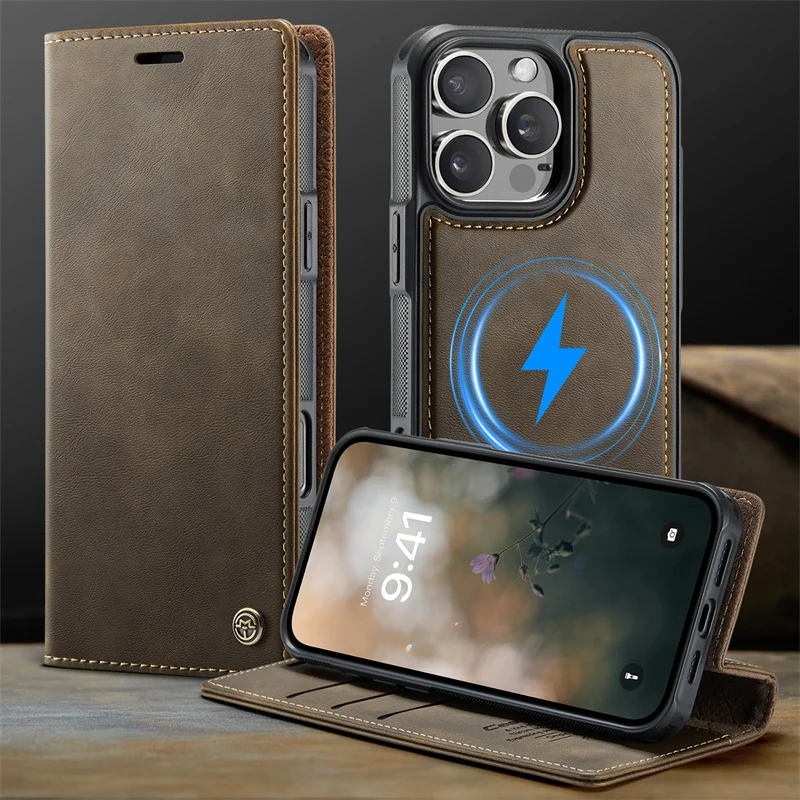 Magnetic PU Leather Flip Card Wallet Phone Case For iPhone 11 12 13 14 15 16 17 Pro Max Plus For Magsafe Wireless Charging Cover