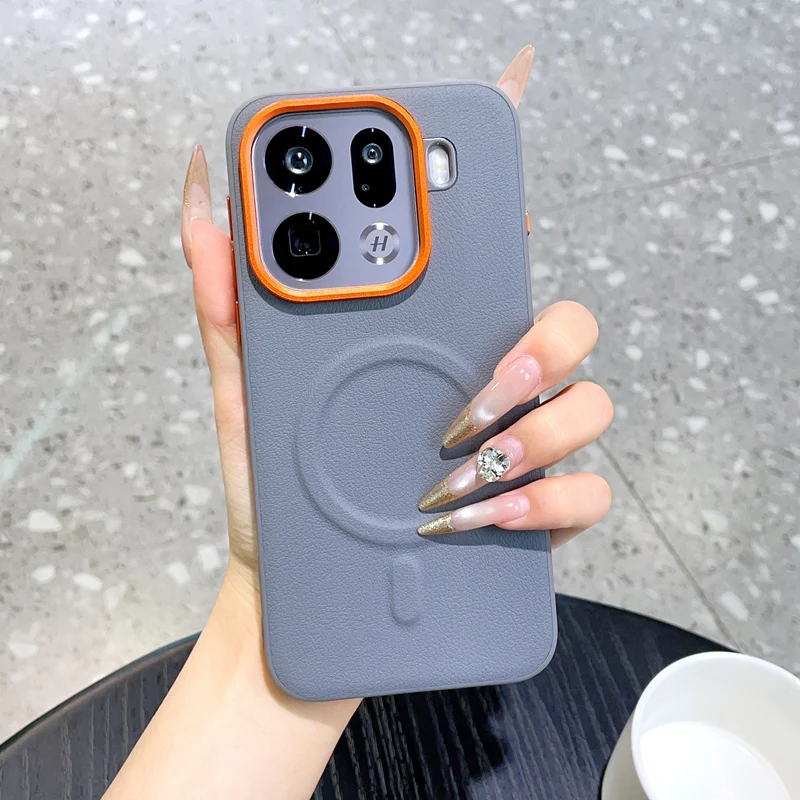 For OPPO Find X9 Pro Vegan Leather Phone Case Magnetic Wireless Charger PC Shell Protective Solid Color Back Cover