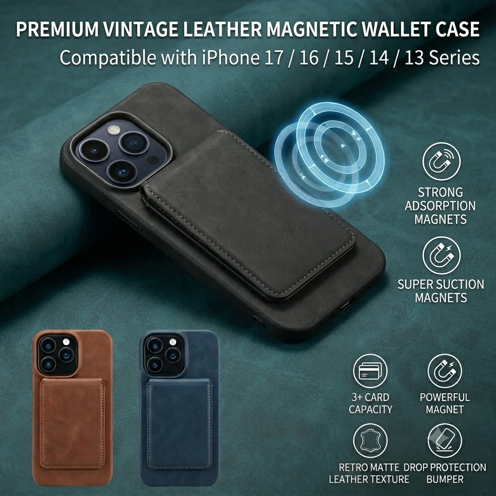 Vintage Leather Texture Magnetic Wallet Case for iPhone 17 16 15 14 13 Pro Max Slim Card Holder Wireless Charge Cover