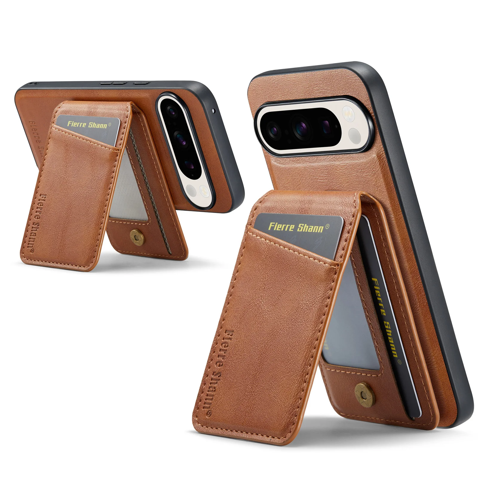 Fierre Shann Oil Wax Leather 2 in 1 Magnetic Card Bag Wallet Case for Google Pixel 9 Pro 7 7A 8 8A 8 Pro Wireless Charging Case