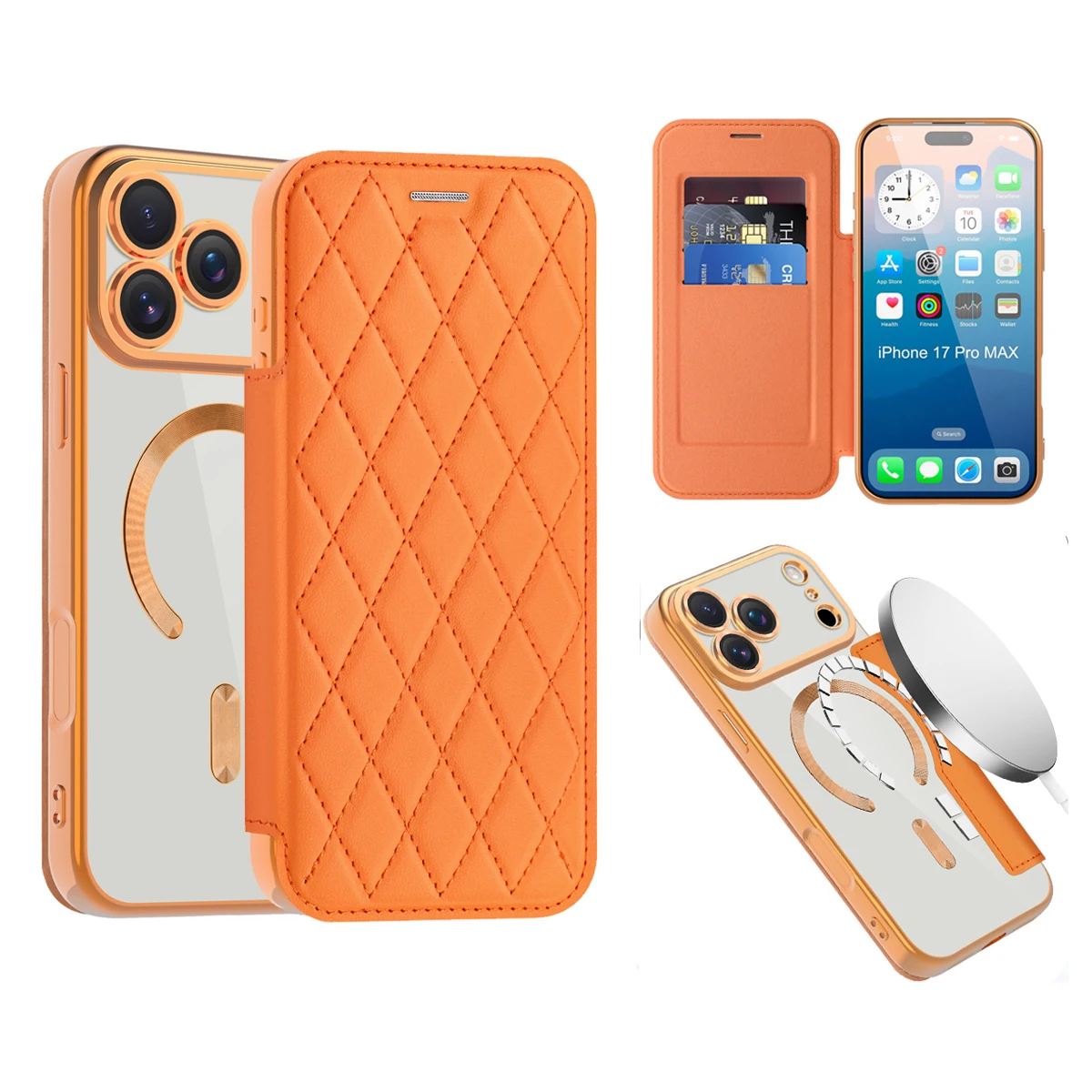 Shockproof Leather Card Holder Wallet Case For iPhone 17 Pro Max 16 15 14 13, Wireless Charging Magnetic Protection Phone Cover