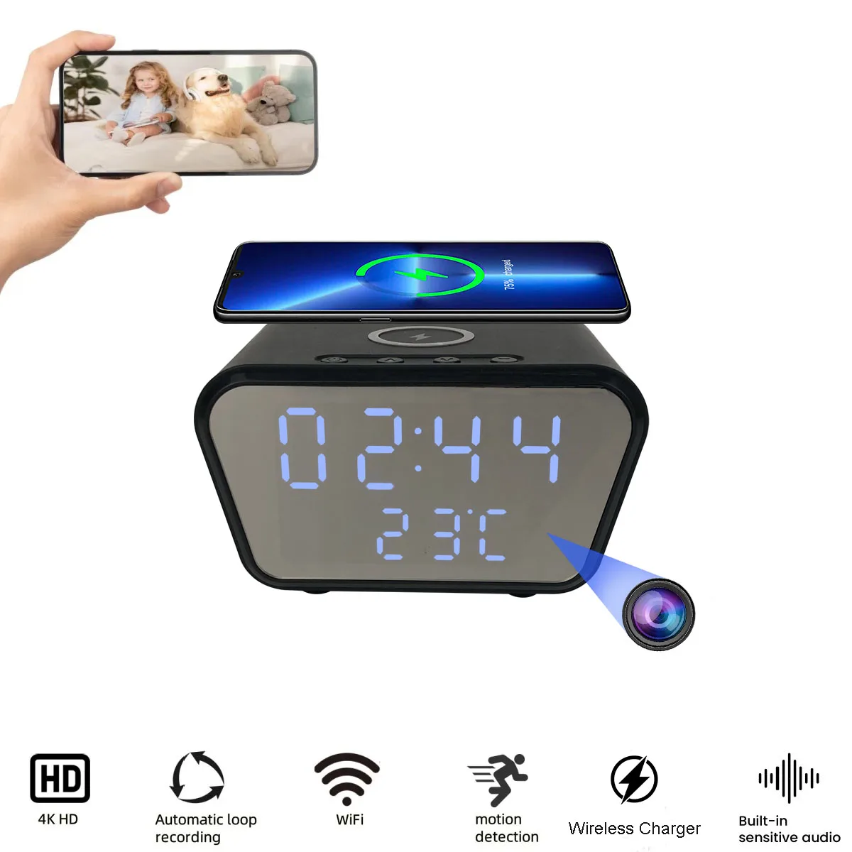 Alarm Clock Camera | WiFi, Wireless Charger, Baby Monitor, 4K Camera, Motion Detection, Recording, Remote Viewing, Home Security