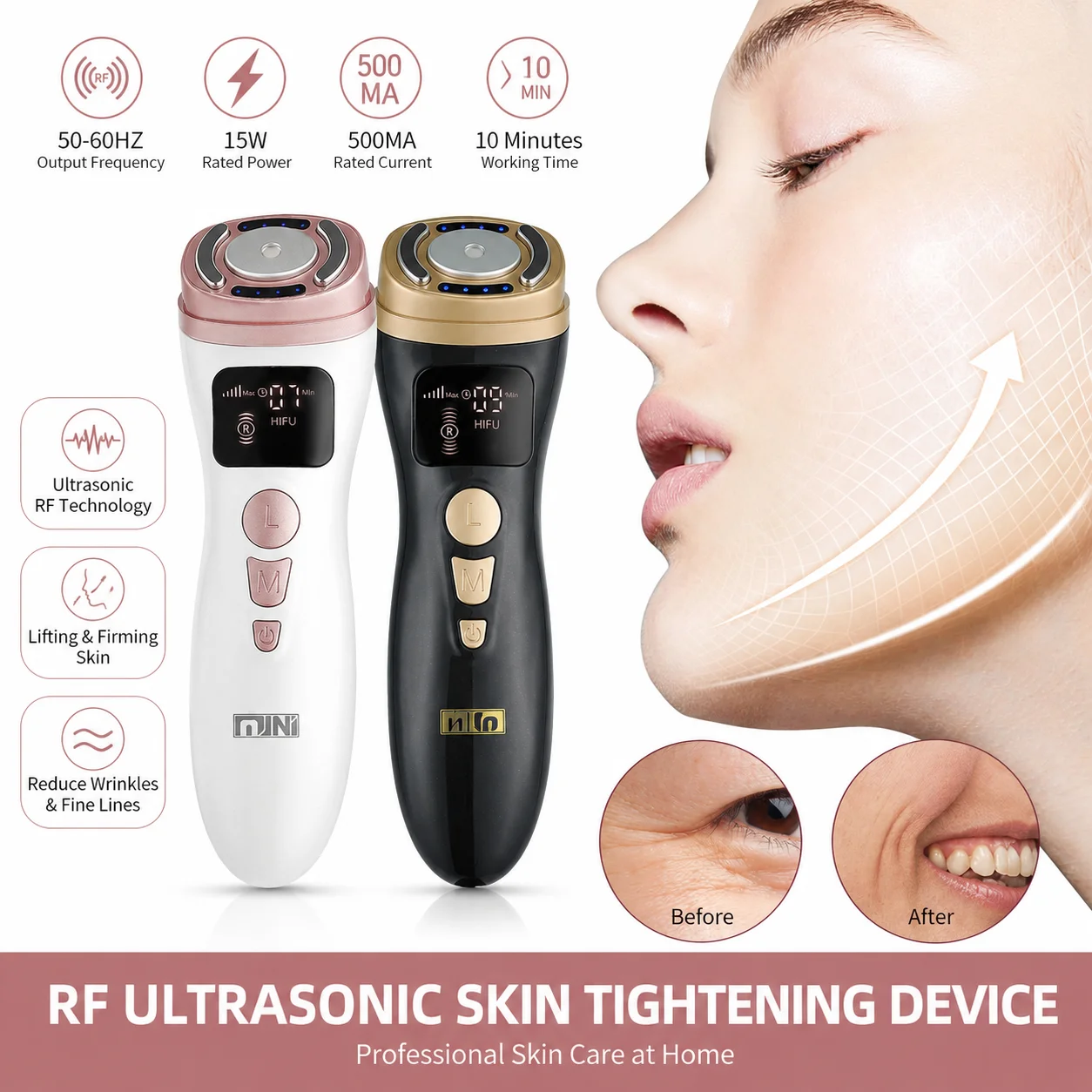 Mini HIFU Ultrasonic RF EMS Face Beauty Device Skin Tightening Facial Lifting Wrinkle Smoothing Anti Aging Home Skincare Machine