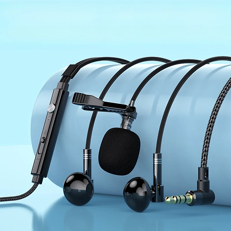 Clip-on dual-microphone headphones for recording live broadcasts, L-shaped elbow connector gaming wired headphones, in-ear type