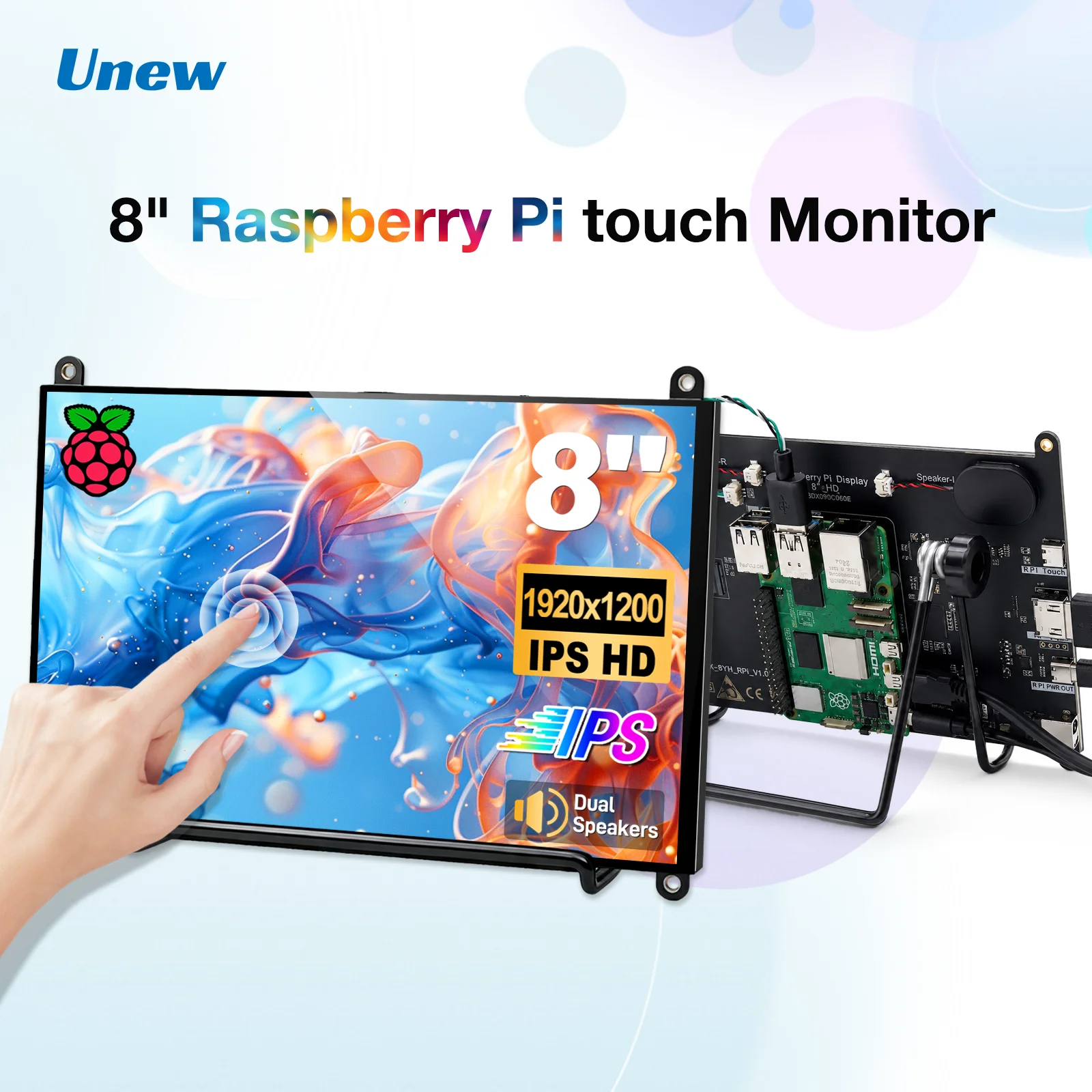 8 Inch IPS Touch Monitor 1920×1200 Screen Display for Raspberry Pi 5/4B/3B, Built-in Speakers, HDMI Type-C