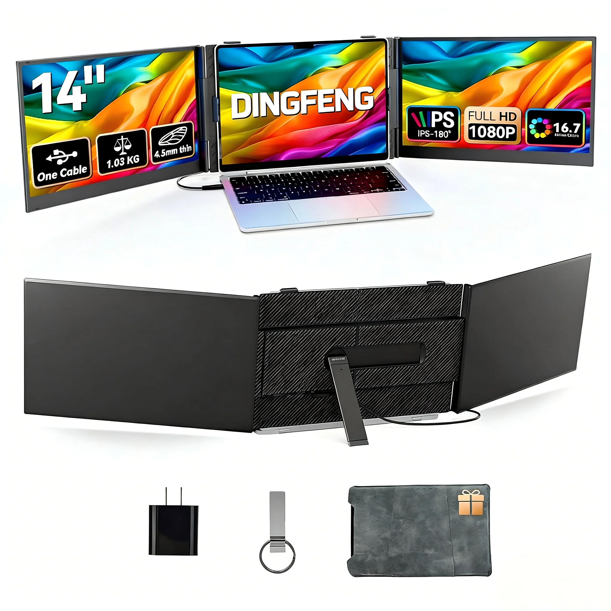 14-Inch Triple Portable Monitor USB C Screen Extender Display for 2 Business Gaming Monitors Plug and Play Mobile Workstation